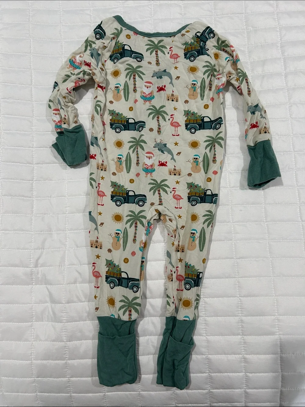 Cream Tropical-Print Footie with Green Trim - Kids One-Piece